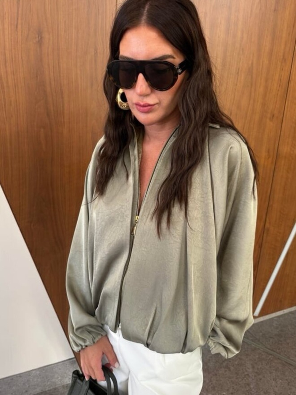 Zara NWT Light Sage green balloon sleeve fluid Bomber jacket - Picture 1 of 13